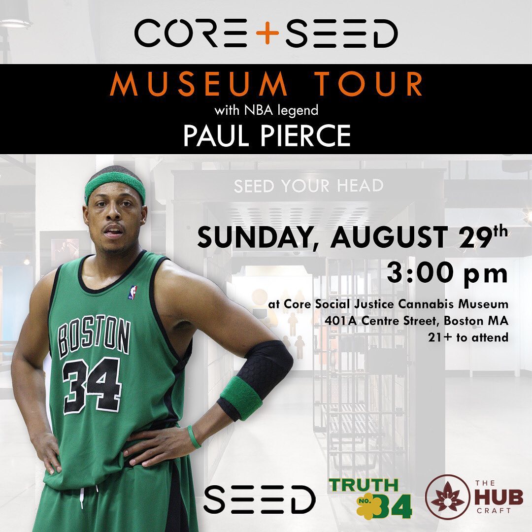 Join us tomorrow, Sunday, August 29th at 3:00pm, for a museum tour with NBA legend, Paul Pierce!@paulpierce will be visiting @seedyourhead + Core Social Justice Cannabis Museum to experience the current exhibition, American Warden.Following the tour, attendees can test their Paul Pierce knowledge to win prizes during a round of trivia.See you Sunday!@thehubcraft.ma