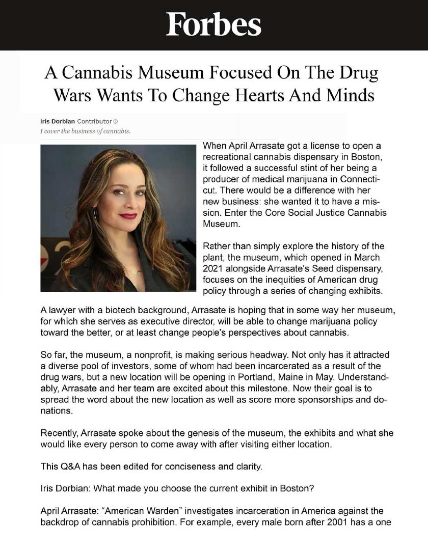 The Paws Project 13 forbes magazine article scan - a cannabis museum focused on the drug wars wants to change hearts and minds